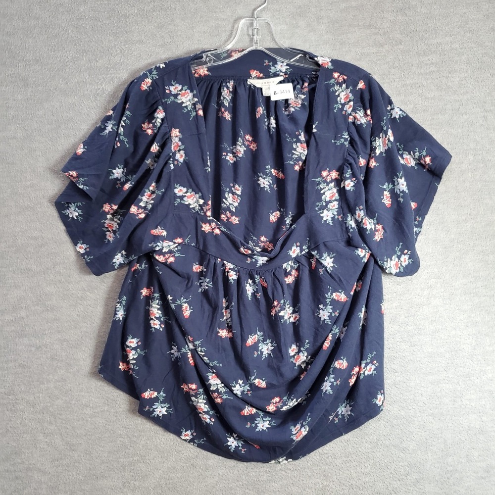Lucky Brand Women Top 2XL Blue Floral Square Neck Flutter Sleeve Cropped